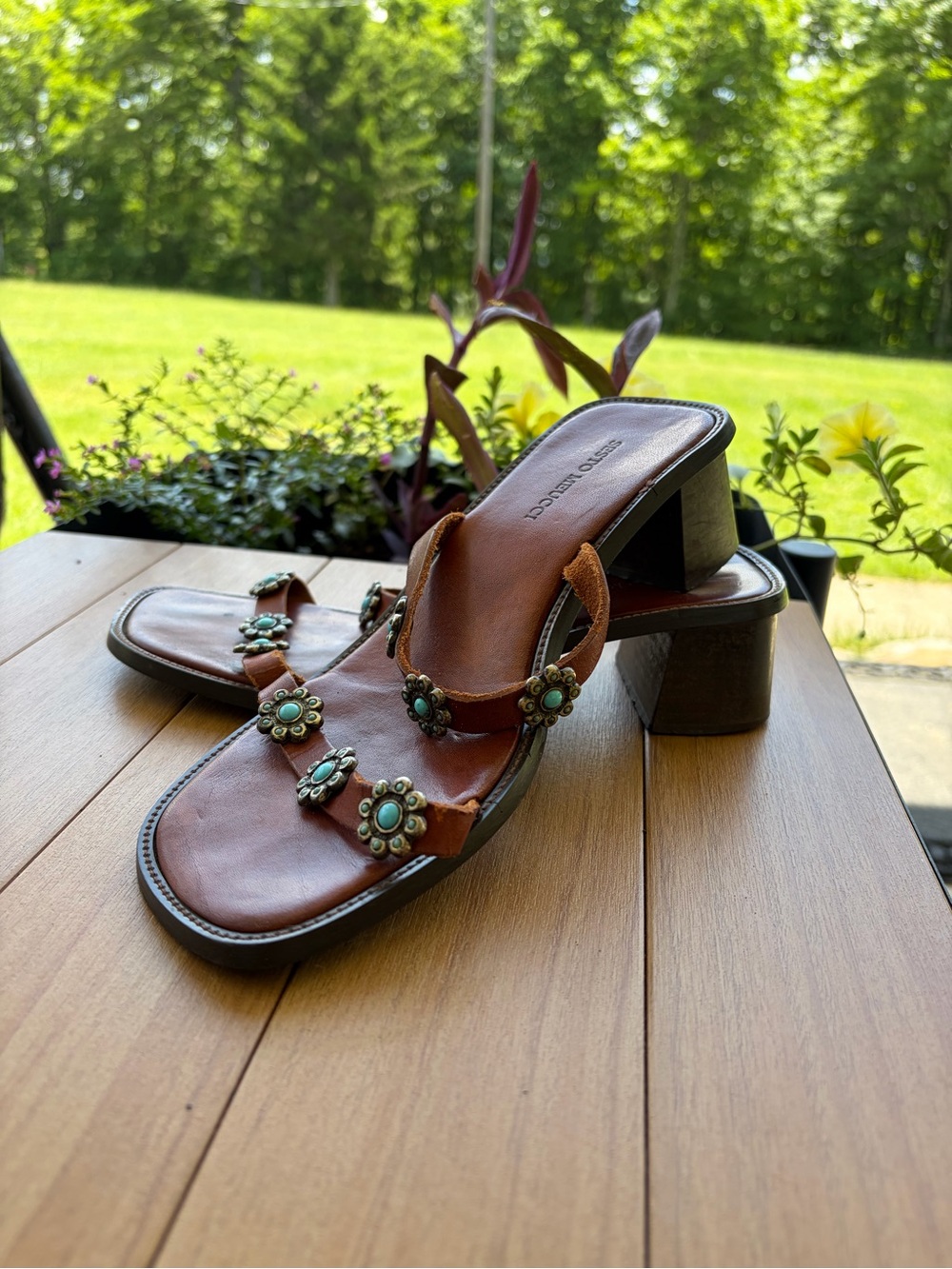 Sesto Meucci Brown Leather Mules with Turquoise Floral Accents